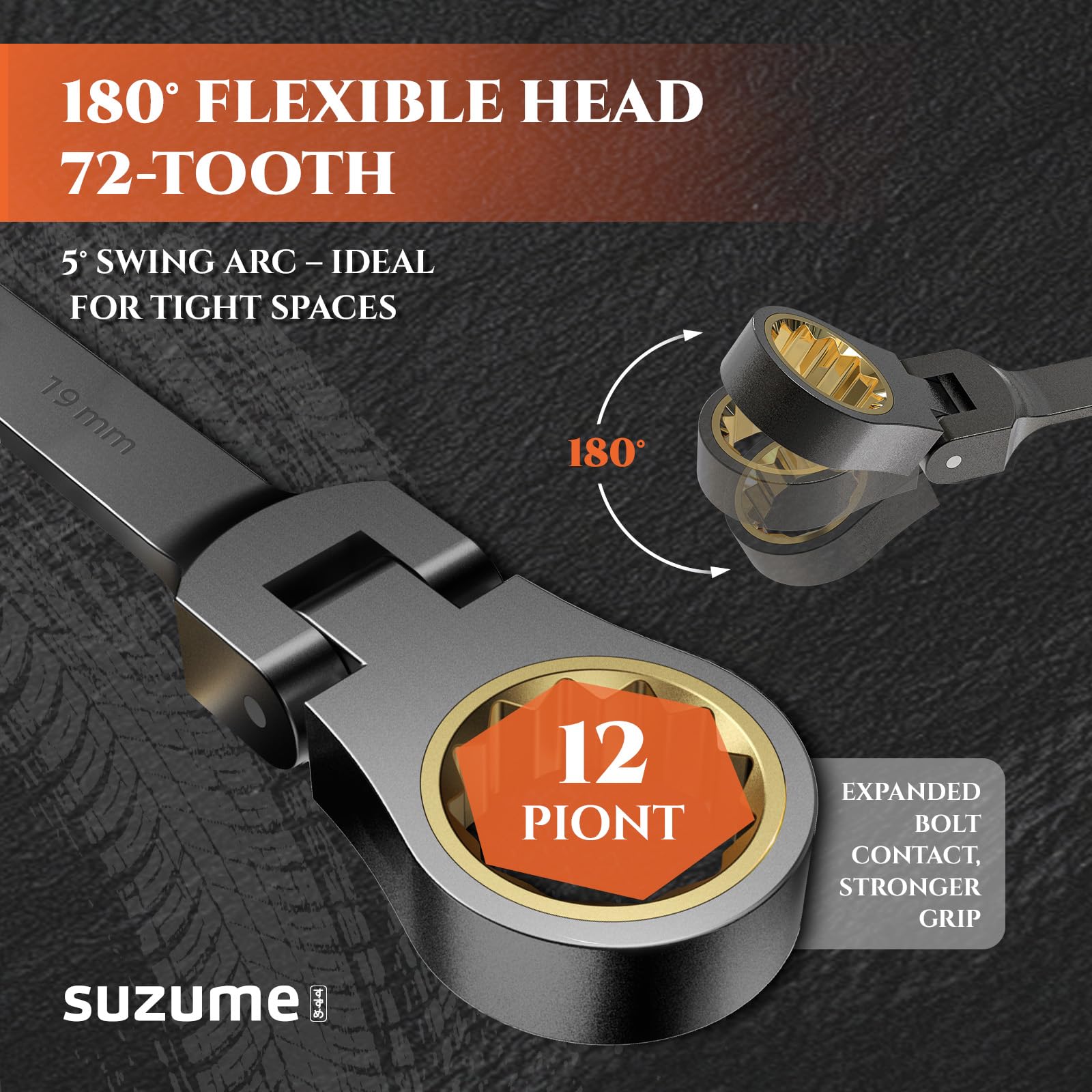 SUZUME 12mm Flex Head Ratcheting Wrench Metric 72 Teeth Cr-V Steel